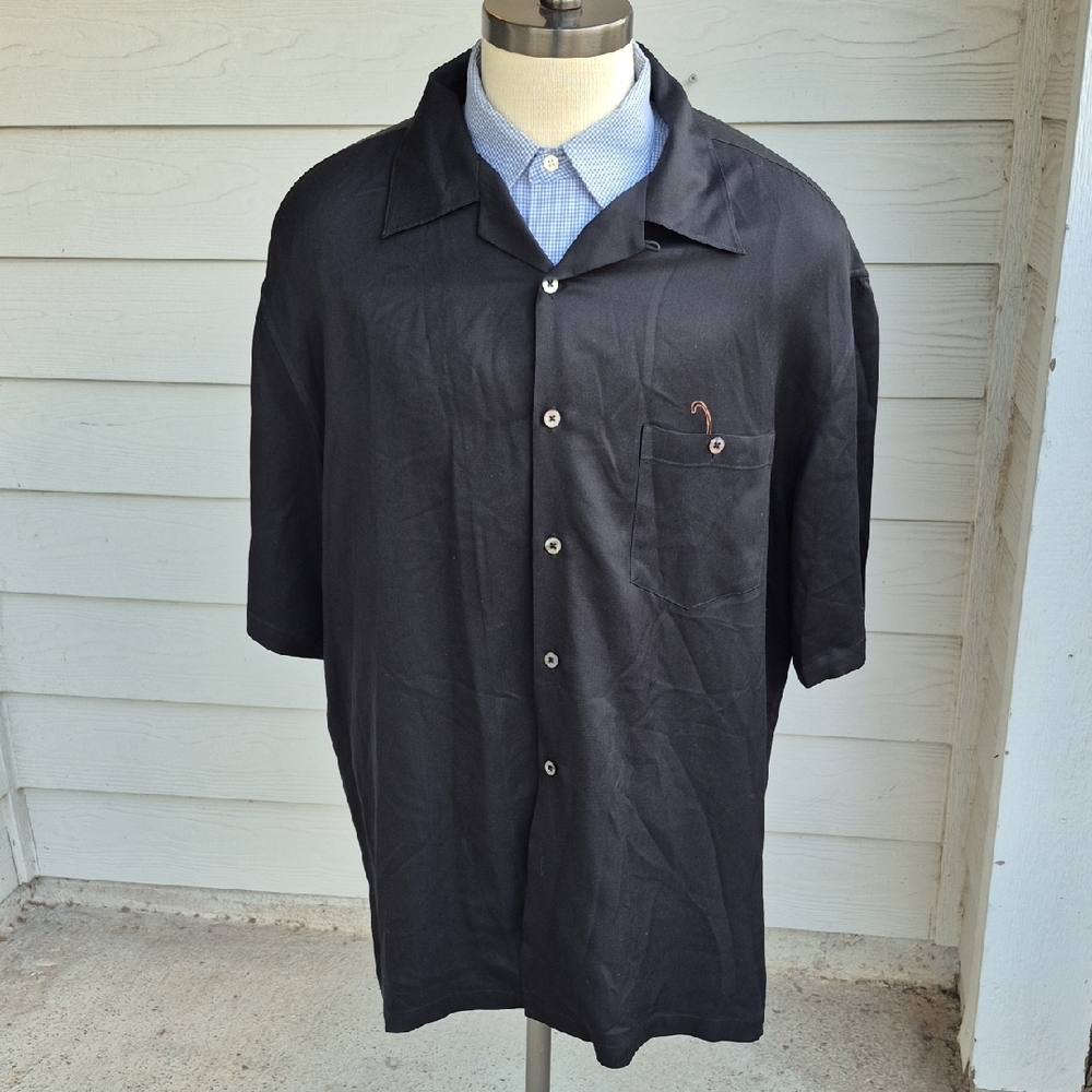 TORI RICHARD Embroidered Monkey Tree Black Beige Silk 2XL Mens Hawaiian Shirt